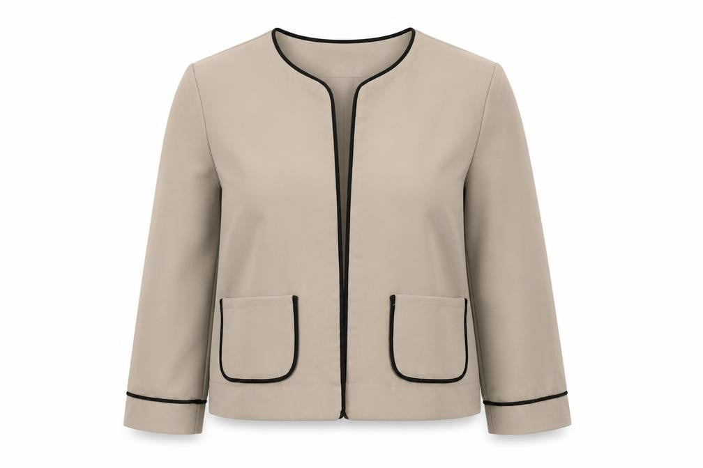 Front view of Alter Petite Beige Collarless Women's Jacket, size 6, Stretch Pockets