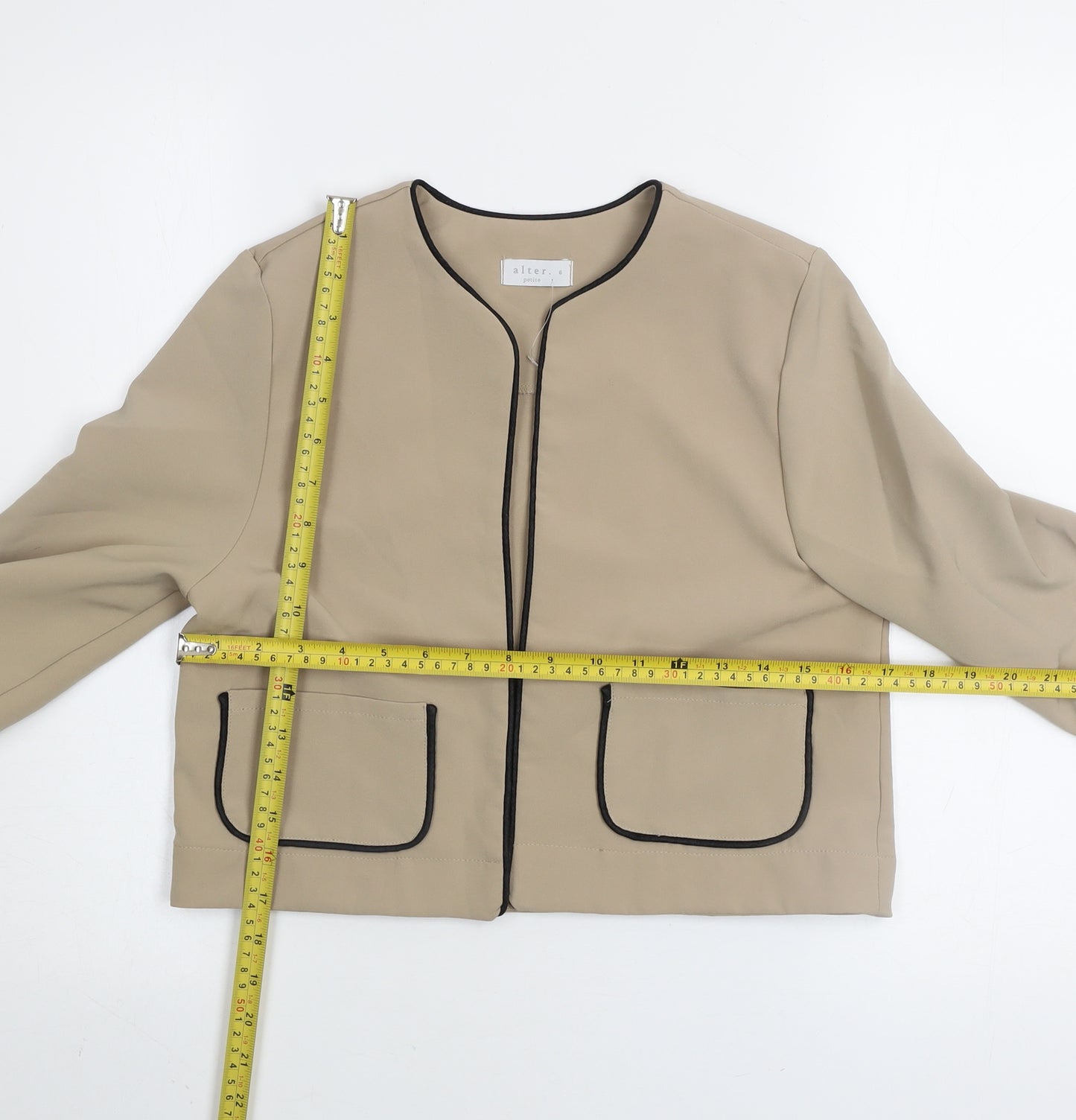 Alter Petite Beige Collarless Women's Jacket Size 6 Stretch Pockets