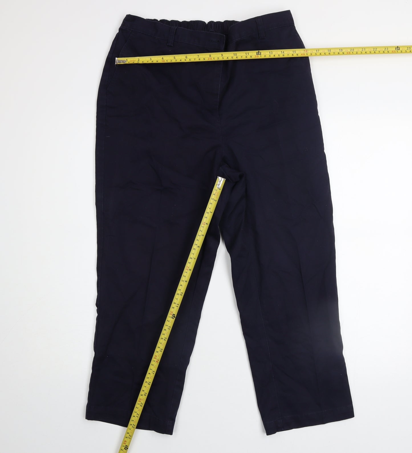 Lands' End Women's Blue High Rise Straight Leg Cotton Blend Trousers UK 16