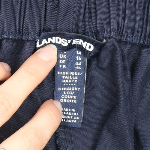 Lands' End Women's Blue High Rise Straight Leg Cotton Blend Trousers UK 16