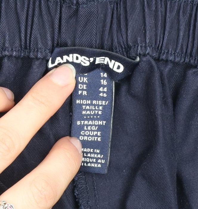 Lands' End Women's Blue High Rise Straight Leg Cotton Blend Trousers UK 16