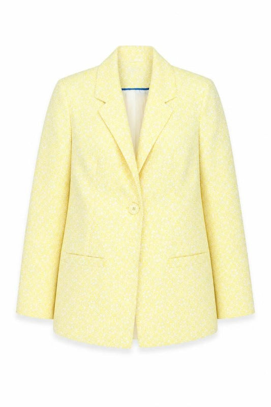 Front view of M&Co Boutique women’s yellow geometric blazer jacket, size UK 14
