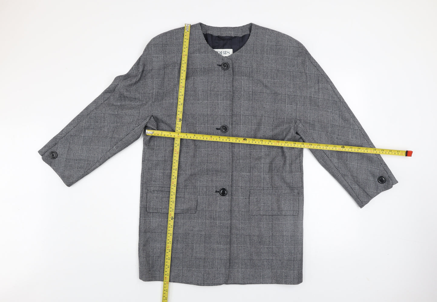 JOBIS Women's Grey Wool Checked Mid-Length Overcoat Size 8