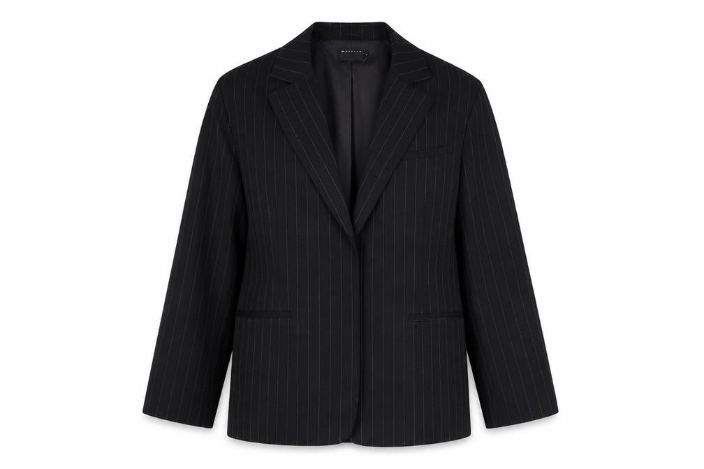 Front view of ASOS DESIGN women’s black pinstripe blazer, size UK 8, classic fit