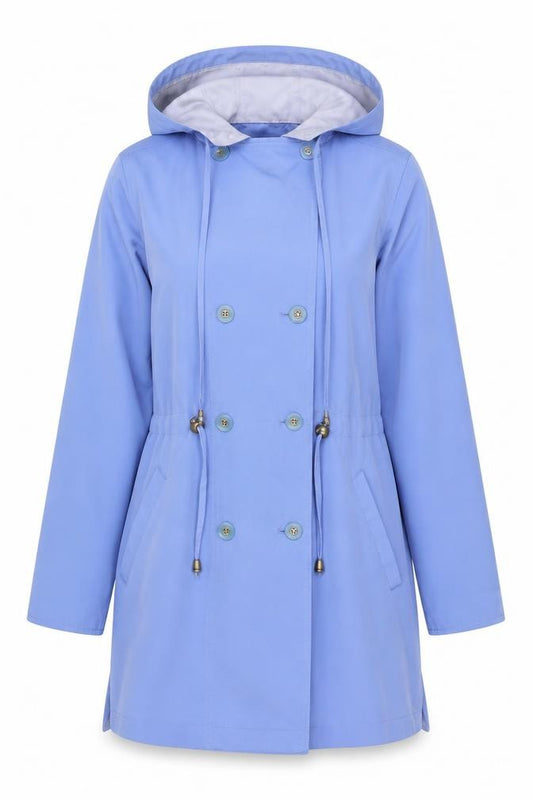 Front view of Silkana Nuage Women Blue Hooded Button Waterproof Jacket, size 10