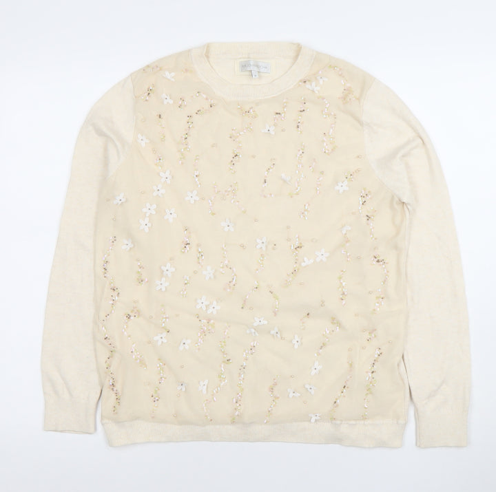 RJR John Rocha Women Ivory Beaded Floral Knit Top Size 16