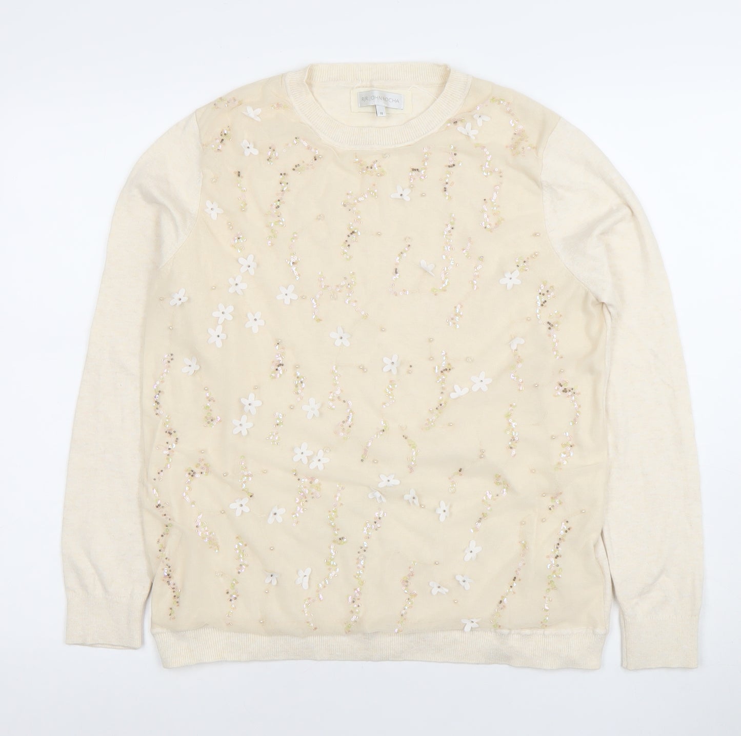 RJR John Rocha Women Ivory Beaded Floral Knit Top Size 16