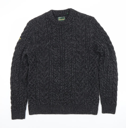 Superdry Men's Grey Cable-Knit Crew Neck Wool Jumper Size S