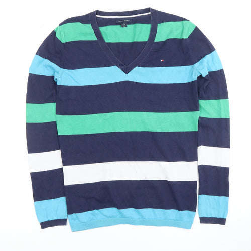 Tommy Hilfiger Men's Blue Striped V-Neck Cotton Jumper XS