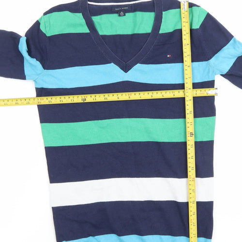 Tommy Hilfiger Men's Blue Striped V-Neck Cotton Jumper XS