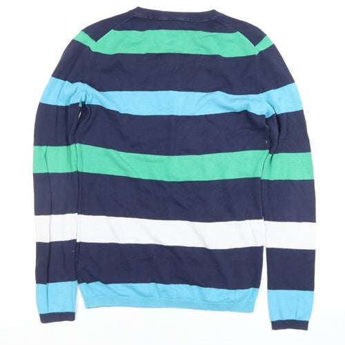 Tommy Hilfiger Men's Blue Striped V-Neck Cotton Jumper XS