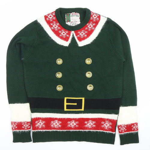 Merry Christmas Men's Green S Elf Style Fair Isle Jumper
