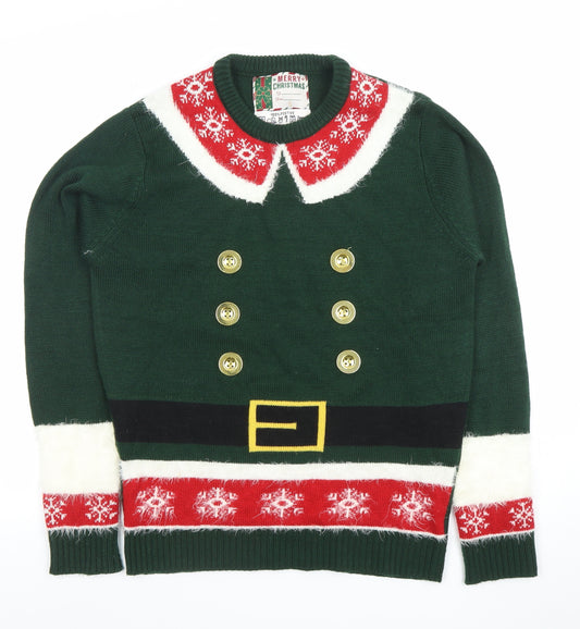 Merry Christmas Men's Green S Elf Style Fair Isle Jumper