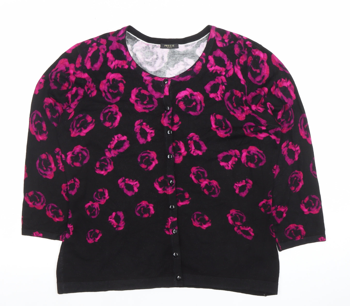 Precis Petite Womens Black Pink Floral Knit Cardigan Size M
