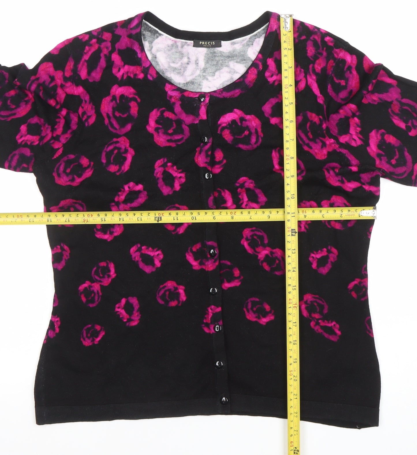 Precis Petite Womens Black Pink Floral Knit Cardigan Size M
