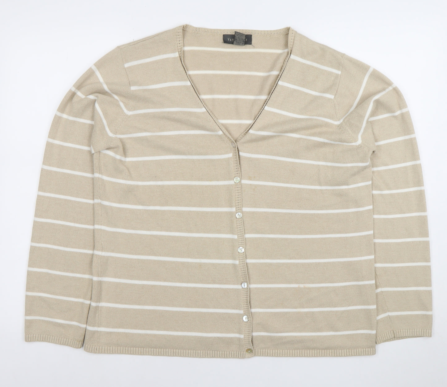 Van Heusen Women Beige Striped V-Neck Cardigan Size L