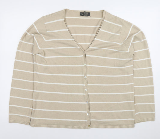 Van Heusen Women Beige Striped V-Neck Cardigan Size L