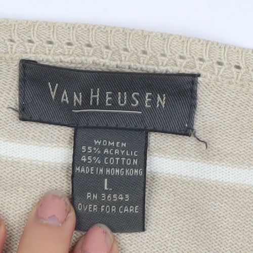 Van Heusen Women Beige Striped V-Neck Cardigan Size L