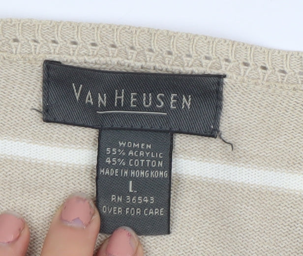 Van Heusen Women Beige Striped V-Neck Cardigan Size L