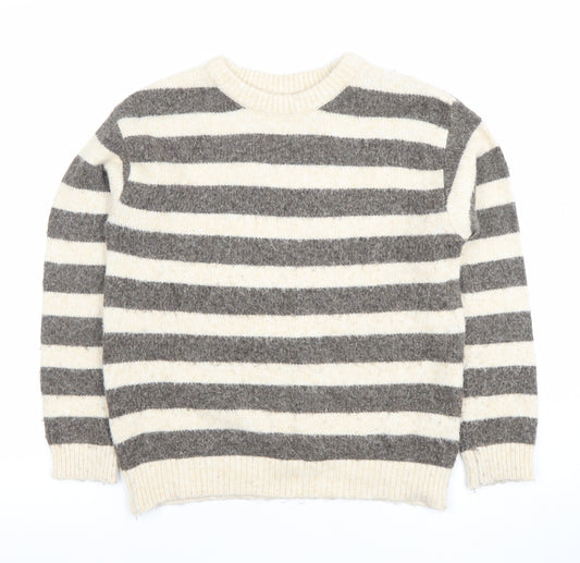 Zara Girls Grey & Ivory Striped Wool Blend Pullover Jumper 9-10 Years