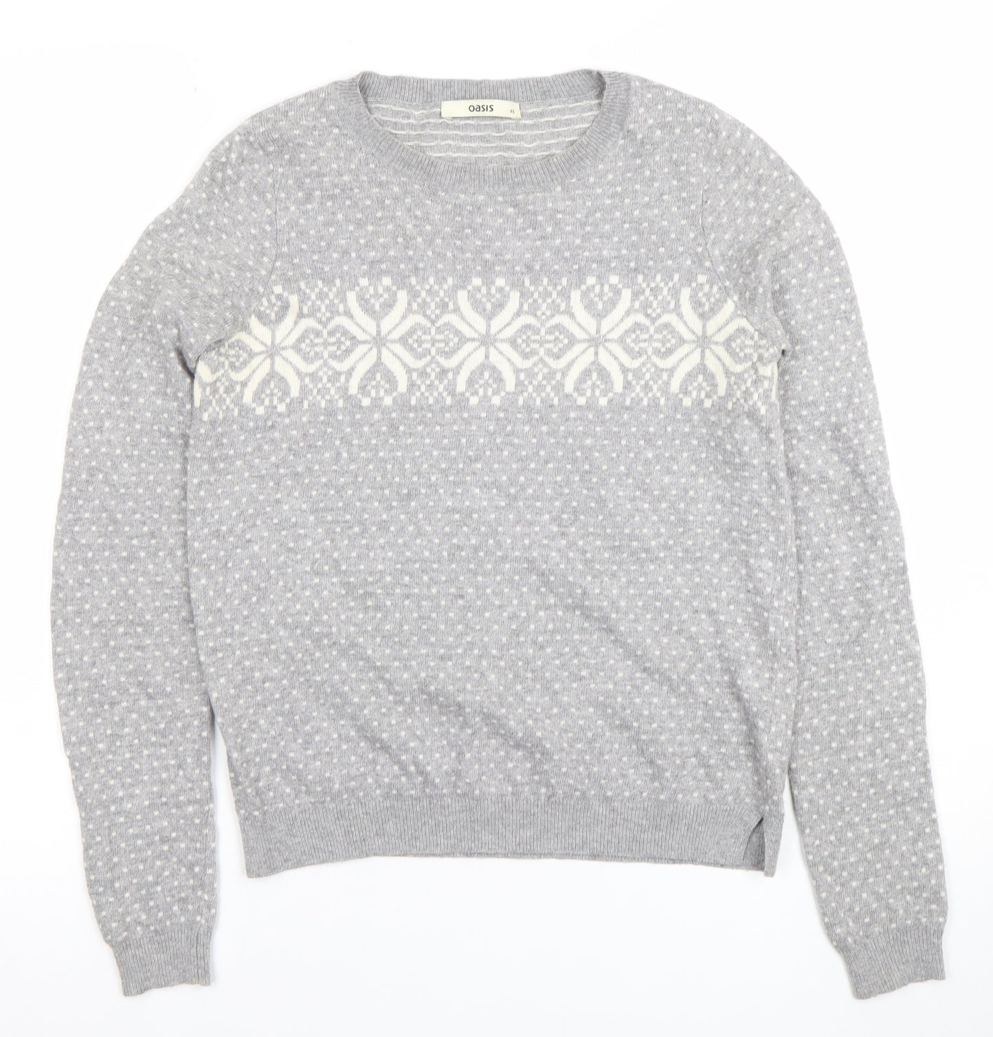 Oasis Girls Grey XS Fair Isle Crew Neck Pullover Jumper Winter Knit