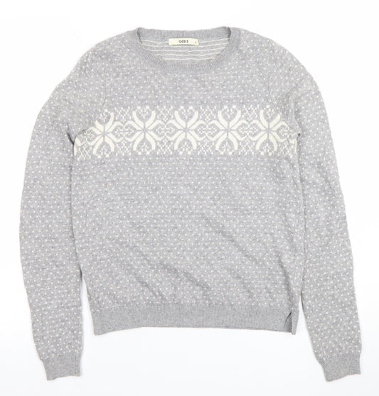Oasis Girls Grey XS Fair Isle Crew Neck Pullover Jumper Winter Knit