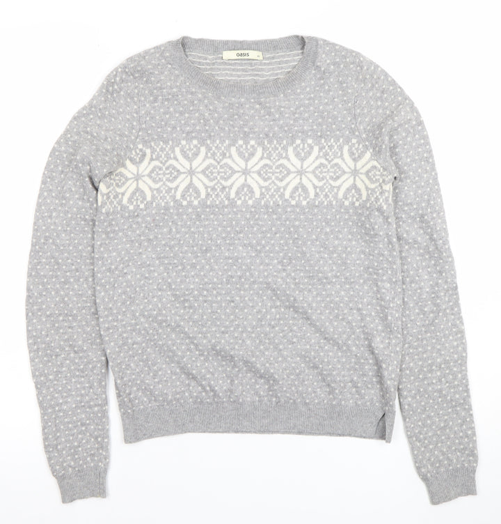 Oasis Girls Grey XS Fair Isle Crew Neck Pullover Jumper Winter Knit