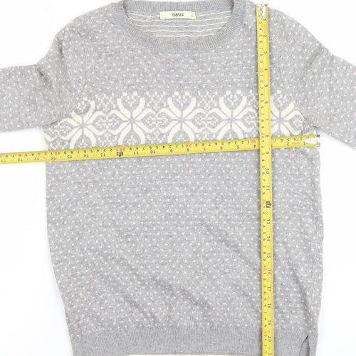 Oasis Girls Grey XS Fair Isle Crew Neck Pullover Jumper Winter Knit