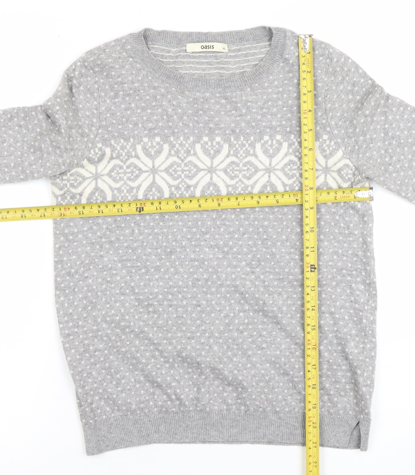 Oasis Girls Grey XS Fair Isle Crew Neck Pullover Jumper Winter Knit