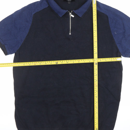 Next Men's Blue Colourblock 1/4 Zip Cotton Polo Shirt Size L