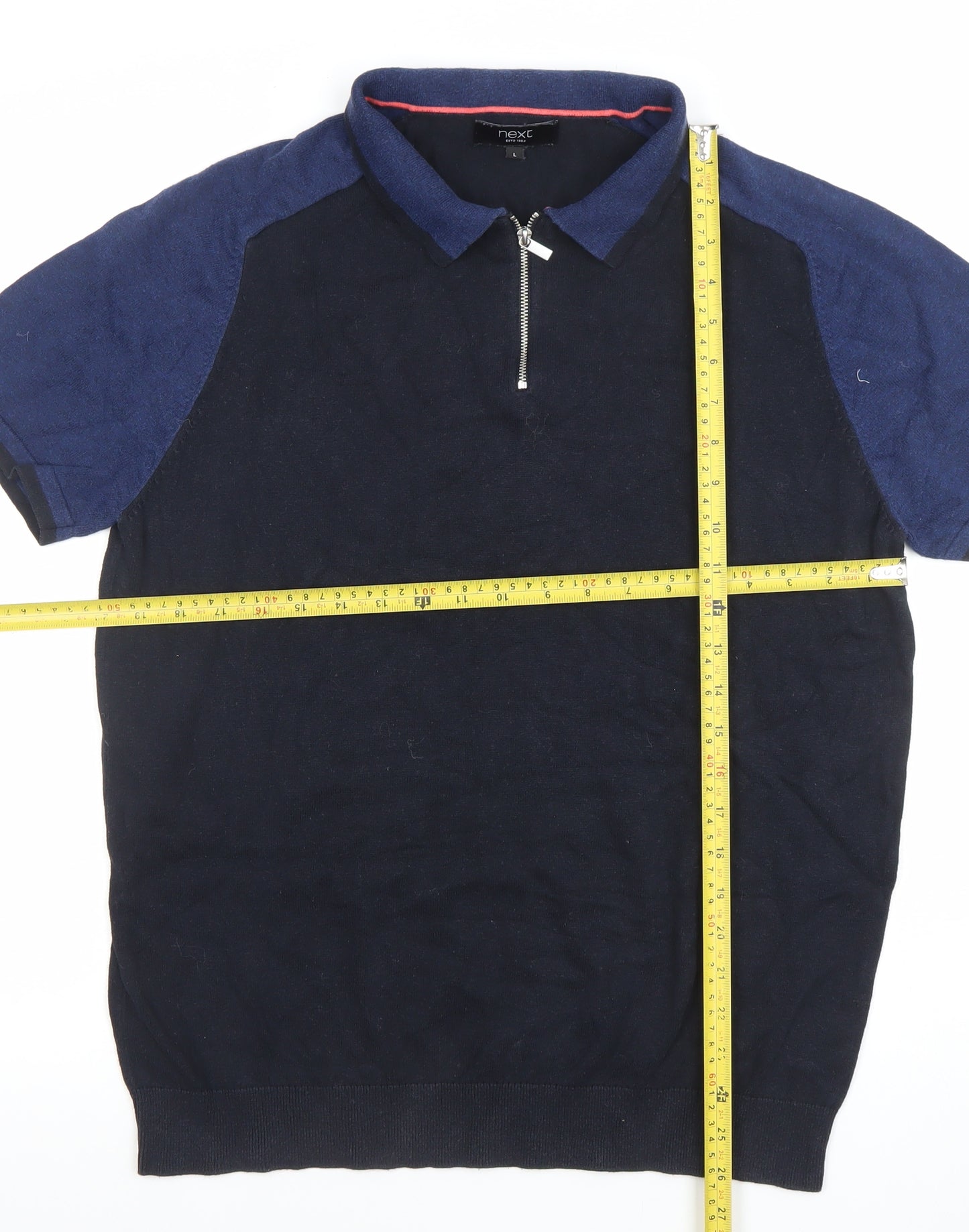 Next Men's Blue Colourblock 1/4 Zip Cotton Polo Shirt Size L