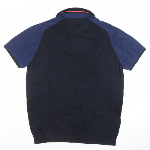 Next Men's Blue Colourblock 1/4 Zip Cotton Polo Shirt Size L