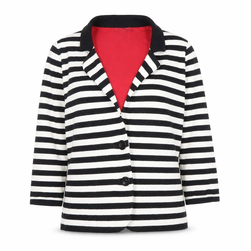 Front view of Monsoon Women's Black & White Striped Blazer UK 14 Cotton Blend