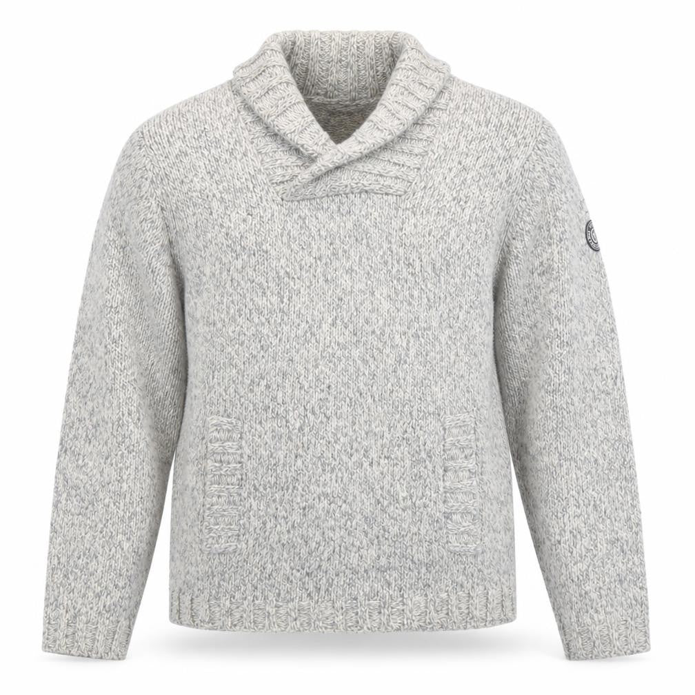 Front view of Peter Werth Men's Grey Shawl Neck Cable Knit Jumper, size M