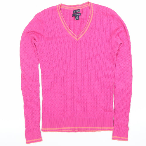 Tommy Hilfiger Women’s Pink Cable-Knit V-Neck Cotton Jumper Size S