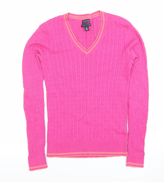 Tommy Hilfiger Women’s Pink Cable-Knit V-Neck Cotton Jumper Size S