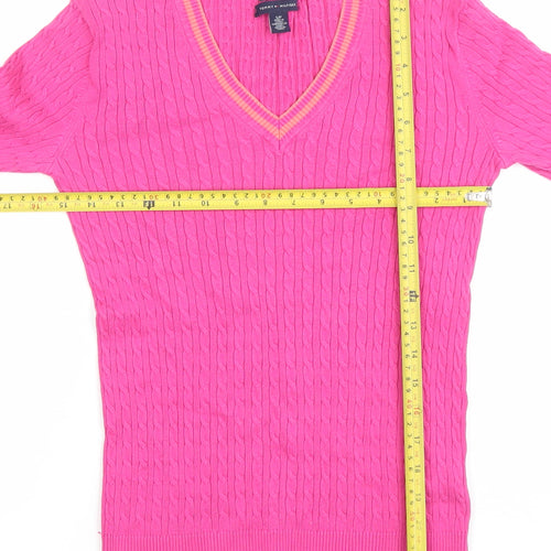 Tommy Hilfiger Women’s Pink Cable-Knit V-Neck Cotton Jumper Size S