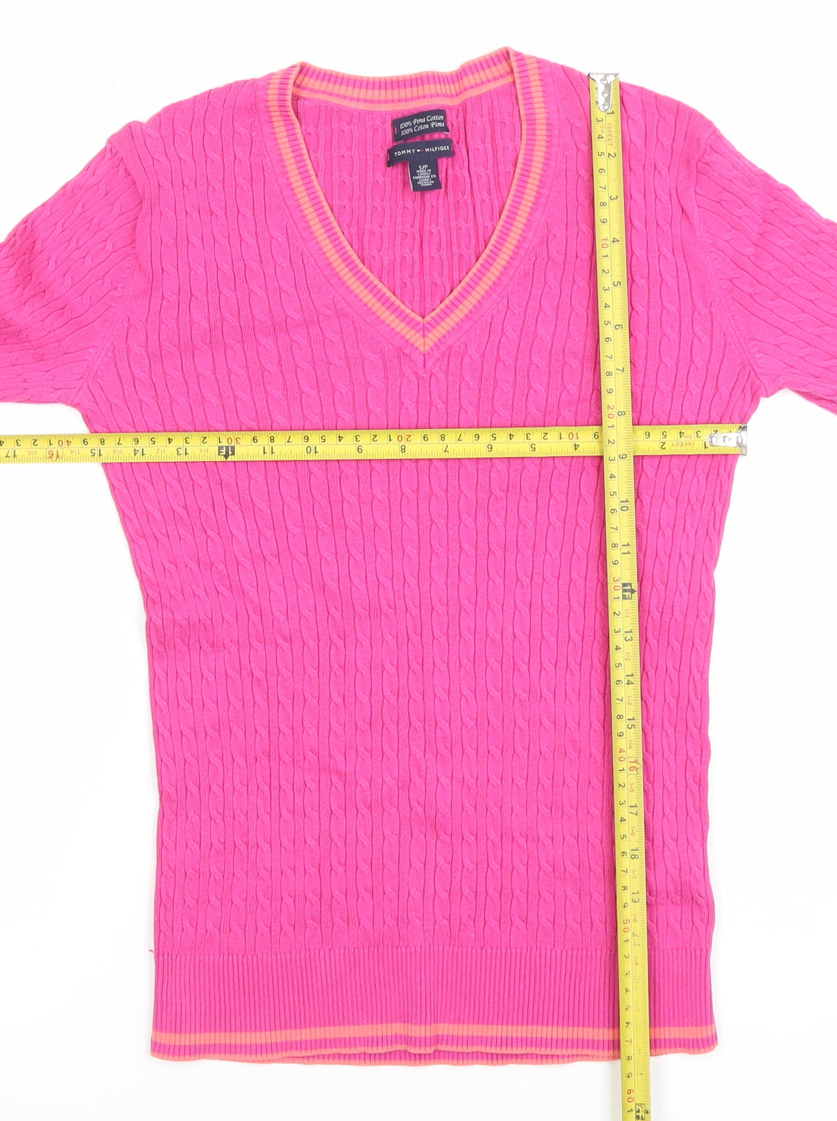 Tommy Hilfiger Women’s Pink Cable-Knit V-Neck Cotton Jumper Size S