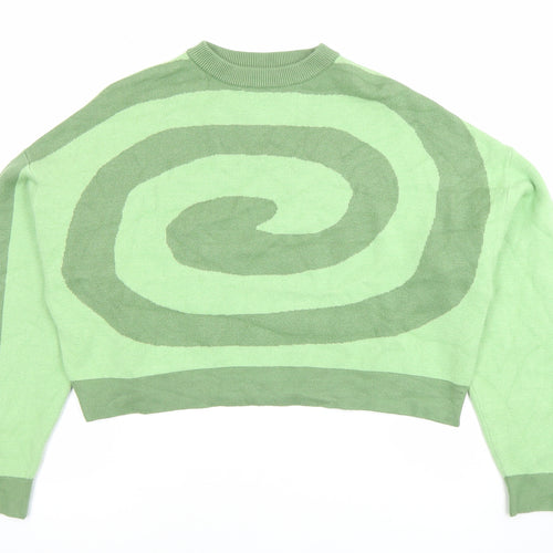Bershka Women's Green XS Pullover Jumper Crew Neck Geometric Knit