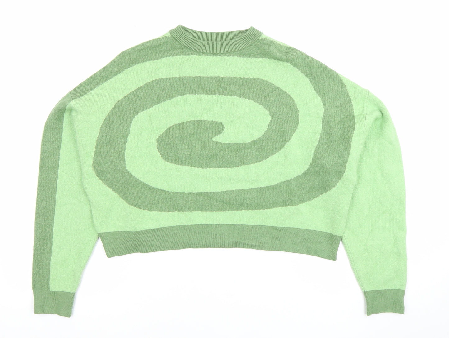 Bershka Women's Green XS Pullover Jumper Crew Neck Geometric Knit