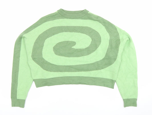 Bershka Women's Green XS Pullover Jumper Crew Neck Geometric Knit