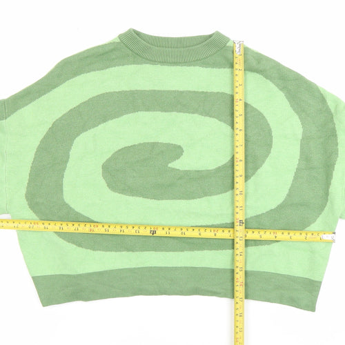 Bershka Women's Green XS Pullover Jumper Crew Neck Geometric Knit