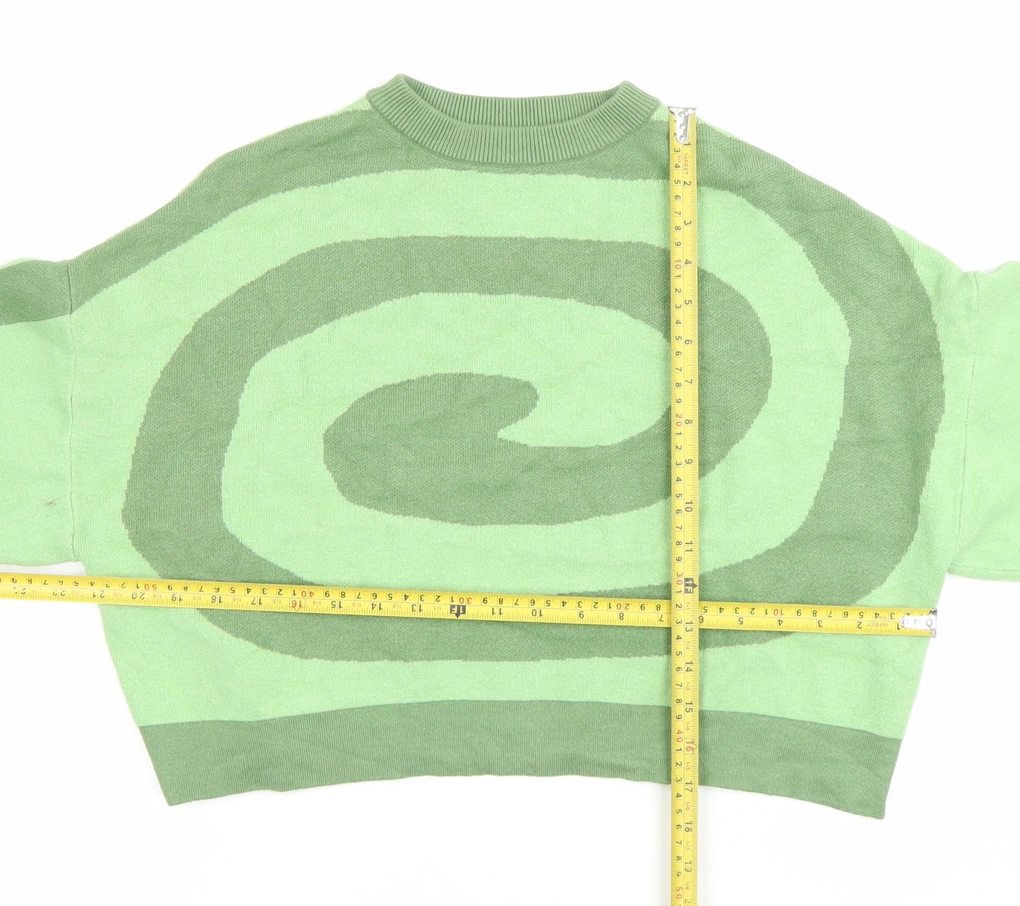 Bershka Women's Green XS Pullover Jumper Crew Neck Geometric Knit