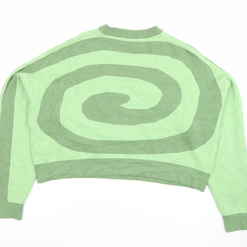 Bershka Women's Green XS Pullover Jumper Crew Neck Geometric Knit