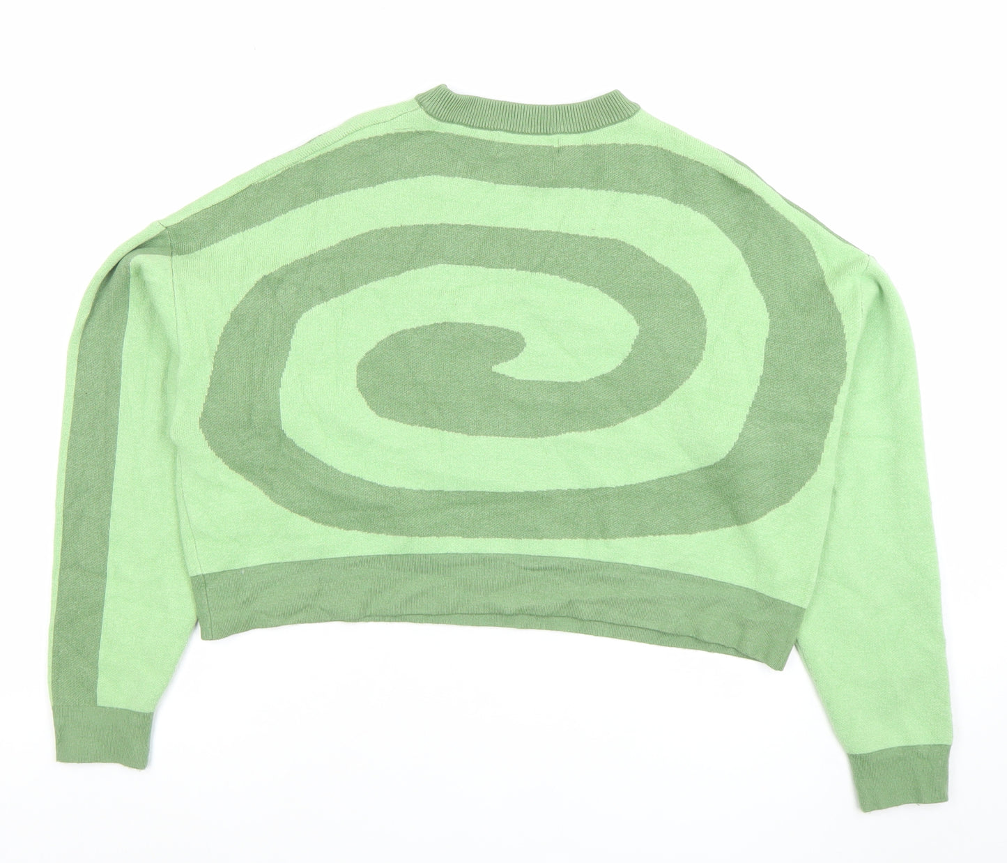 Bershka Women's Green XS Pullover Jumper Crew Neck Geometric Knit