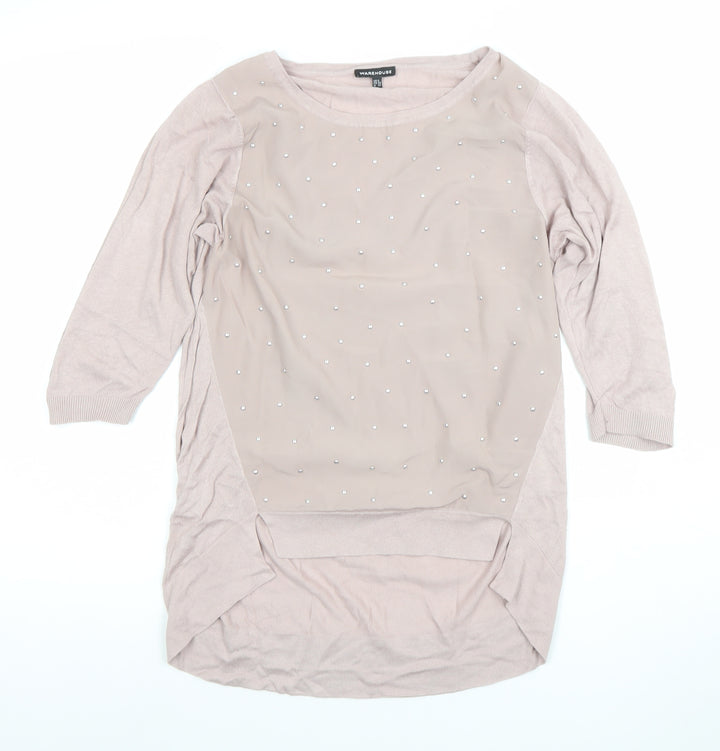 Warehouse Women’s Beige Beaded Tunic Top Size 6 3/4 Sleeve