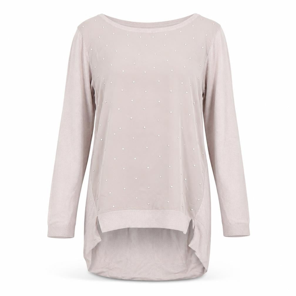 Front view of Warehouse Women’s Beige Beaded Tunic Top, size UK 6, 3/4 Sleeve