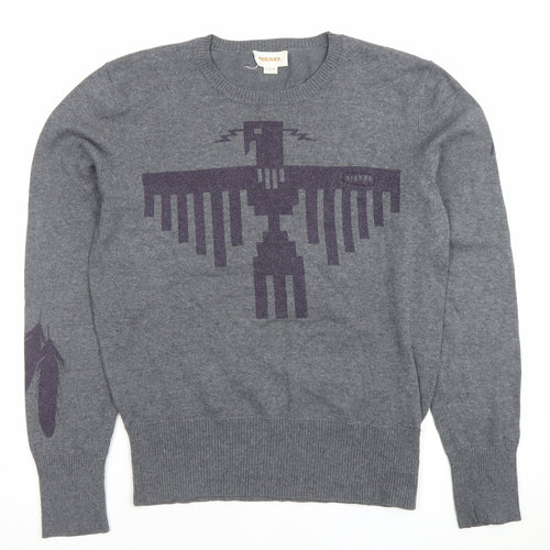 Diesel Men’s Grey Crew Neck Graphic Knit Pullover Jumper Size M