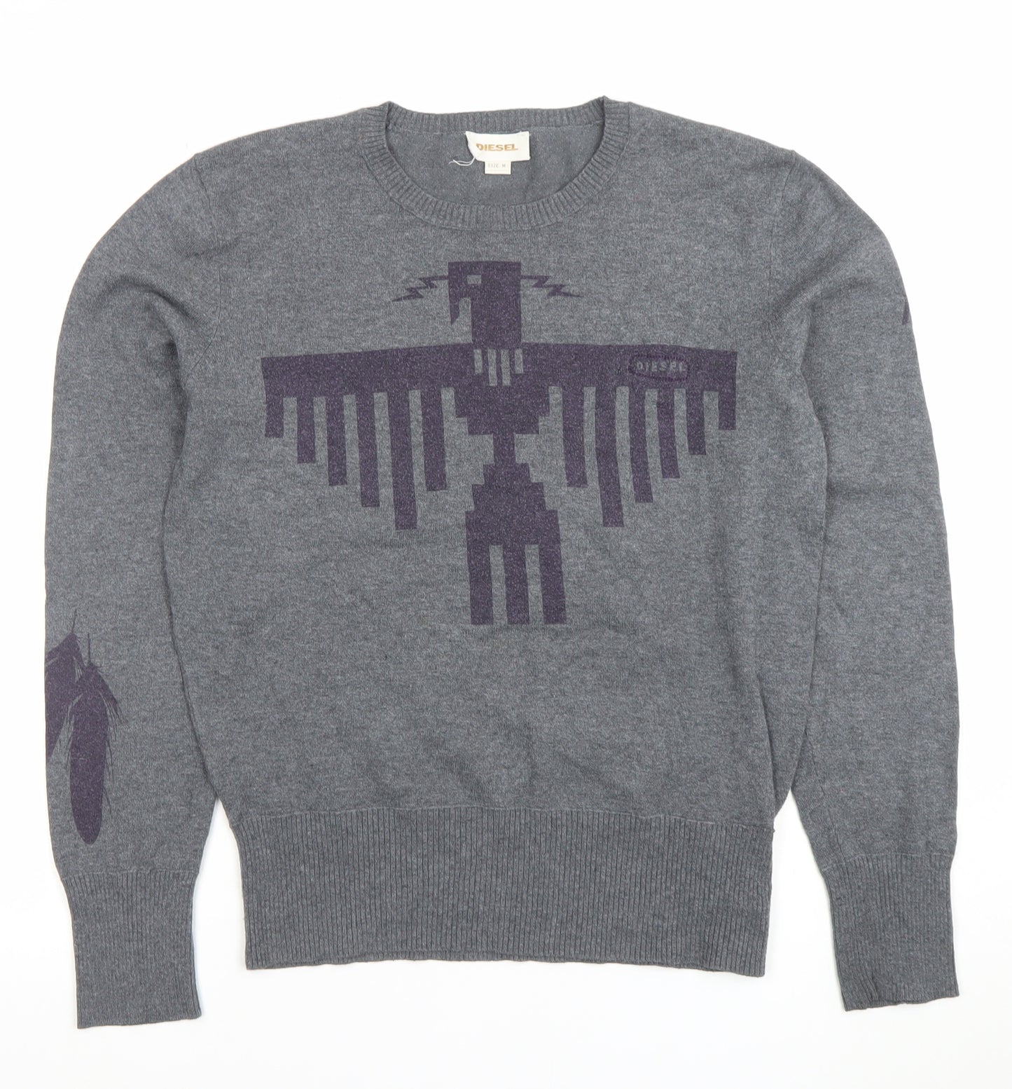 Diesel Men’s Grey Crew Neck Graphic Knit Pullover Jumper Size M