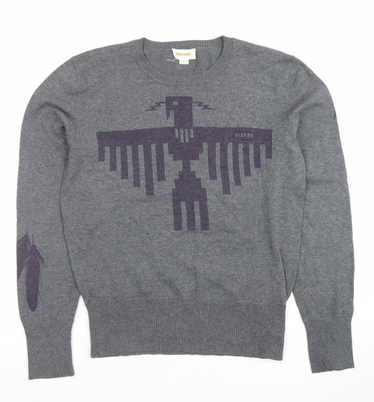 Diesel Men’s Grey Crew Neck Graphic Knit Pullover Jumper Size M